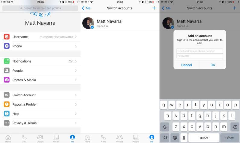 messenger switch account ios