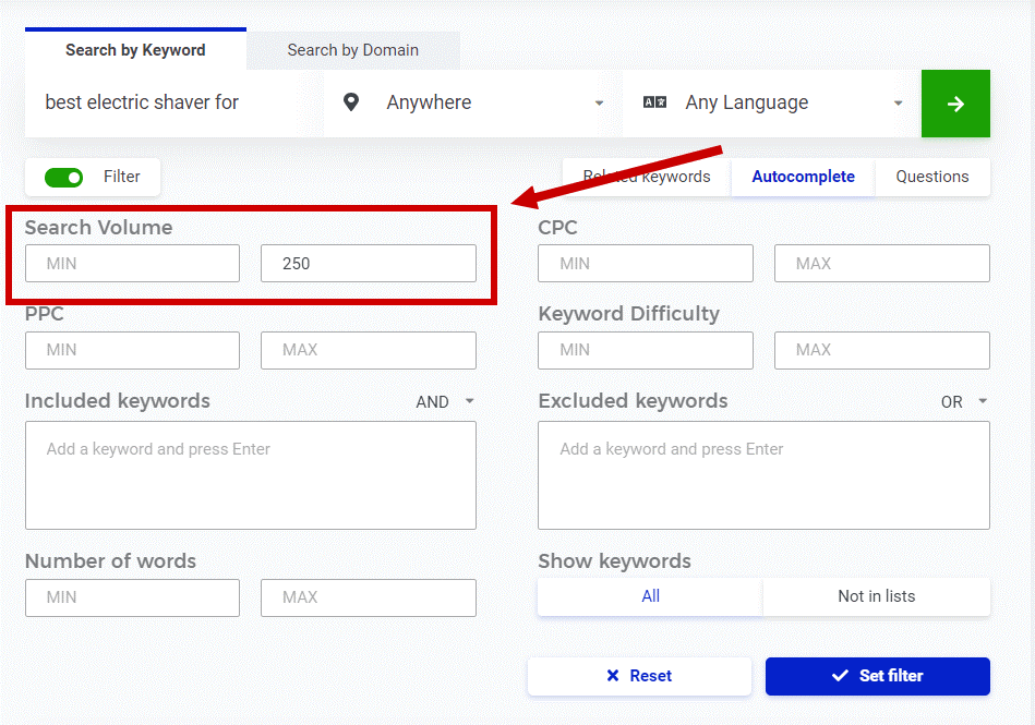 Find keywords with less than 250 monthly searches